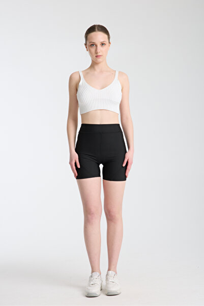 MRS.MODA Жіночі чорні шорти з високою талією з ефектом стягування з тканини д...
