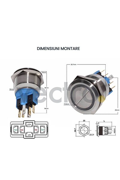 CLASSLIGHTS Metal Push Button, 220V, 22mm, with Retention, Blue LED, Plug included, ElectroAZ