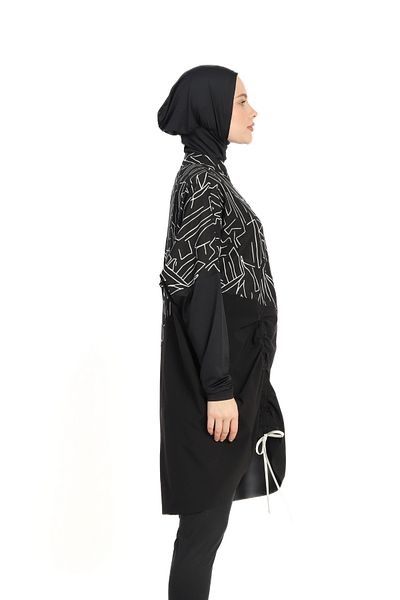 allsea Black Modern Patterned Oversize 4-Piece Fully Covered Hijab Swimsuit