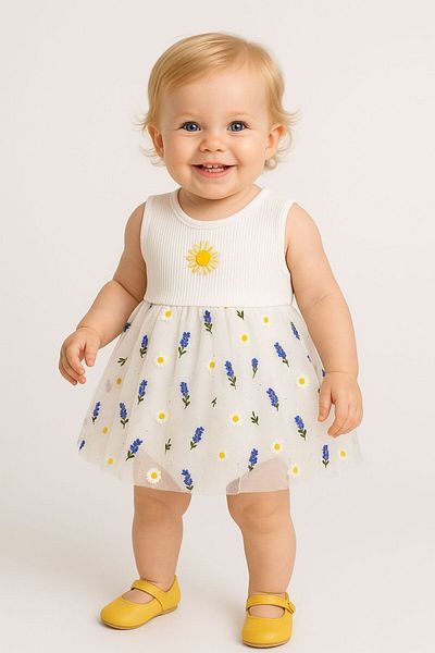 Trend Bebe Butik Baby Floral Patterned Tulle Summer Dress 6-18 Months |   Lavender & Daisy Patterned Body Jumpsuit