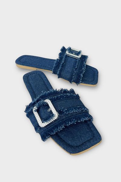 Liger Women's Tassel Detail Buckle Denim Slippers Dark Blue