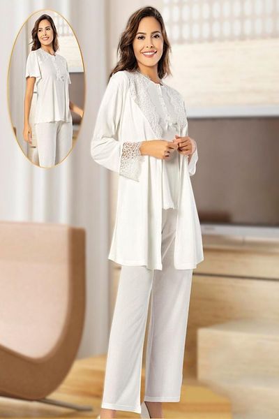 Pelin Women's Lace Detailed Maternity 3-Piece Pajama Set