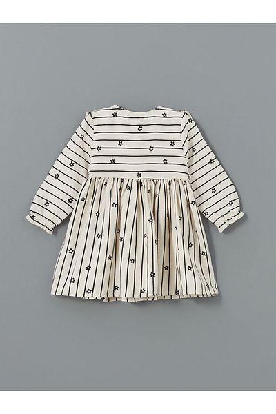 LC Waikiki Lcw Baby Cream Striped Baby Collar Long Sleeve Floral Baby Girl Dress and Pantyhose 2-Piece Set