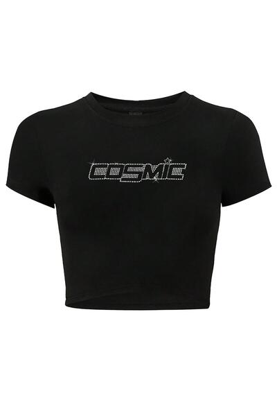 BRZ COLLECTION Tricou Cosmic Crop cu imprimeu Crystal Stone pentru femei, negru