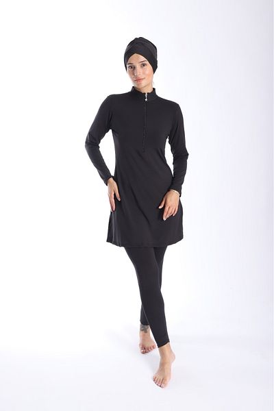 Lio20 Women's Long Sleeve Zippered Black Hijab Swimsuit 38-44
