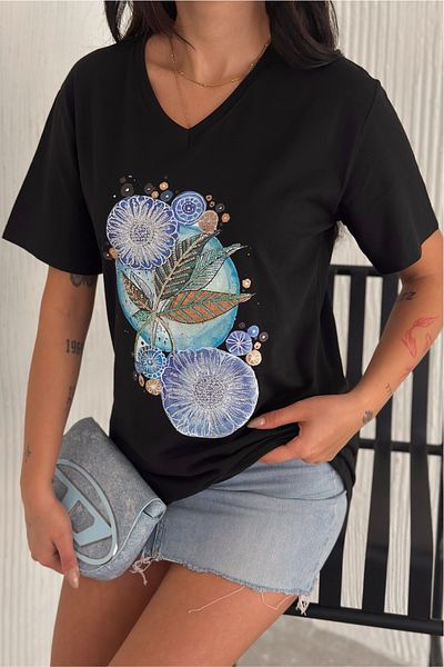 FEMELLE Tricou de damă, negru, cu decolteu în V, cu model de frunze, cu paiete, brodat 100% bumbac