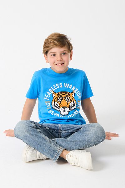 Nisrakids Tricou din bumbac pieptănat, cu decolteu rotund, cu model de tigru