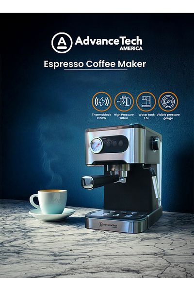 AdvanceTech America 1350W Espresso Coffee Maker with 20-Bar Pressure Pump, 1.5L Water Tank & Frother – Stainless Steel