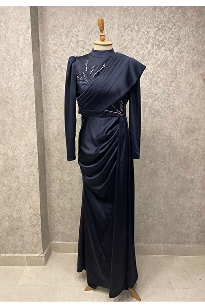 Hennin 24Y4825 ABİYE ELBİSE SATEN OMUZ DRAPELİ İŞLEMELİ LACI