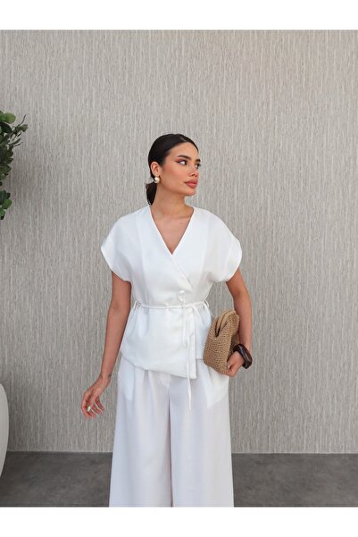 ESRAHELVACI Double Breasted Tie Front Palazzo Trousers Suit