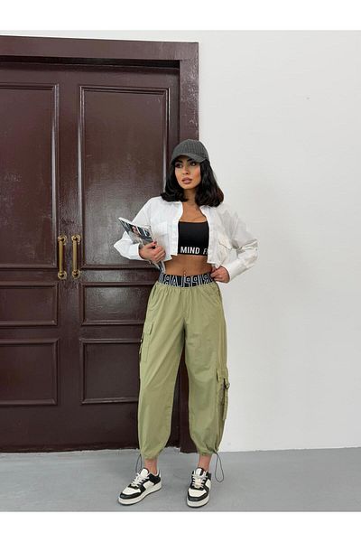 Zeo Basic Parachute Fabric Waist and Leg Elastic Detail Cargo Pants