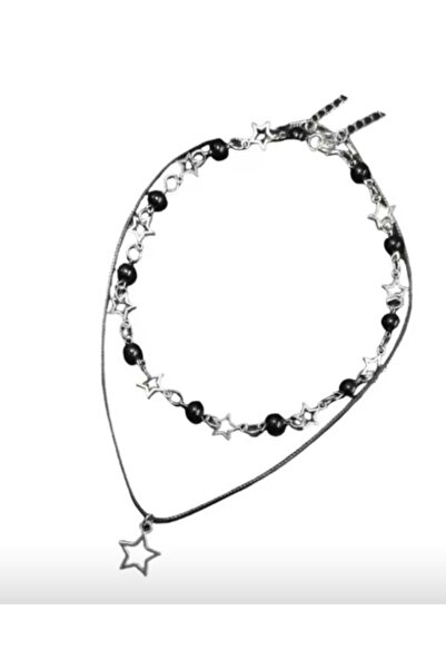 Peripeti Siyah Boncuklu İpli Yıldızlı Choker Kolye