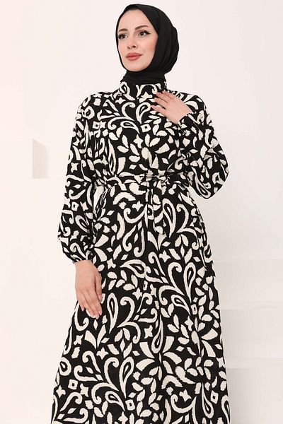 TOFİSA Belted Patterned Dress Black - 27042