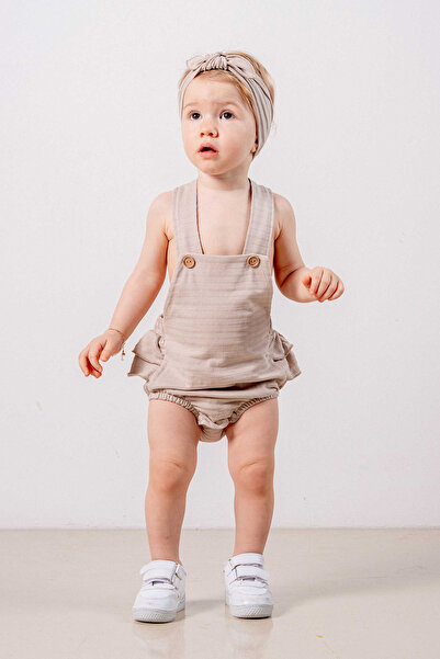 bombe Baby Kids Beige Cotton Comfortable Salopet Jumpsuit 2-Piece Set Trend Fashion Bottom Top Set