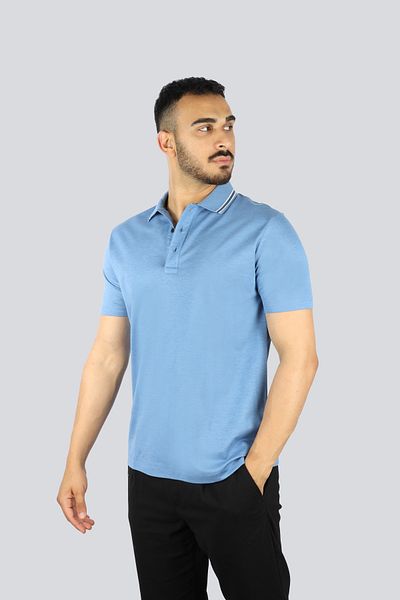 PAUL&SHARK Men's Polo Neck Short Sleeve Blue Polo Neck T-Shirt with Line Pattern on the Collar Part 25411203 -337