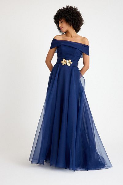 SpringStore Navy Blue Strapless Belted Tulle Evening Dress