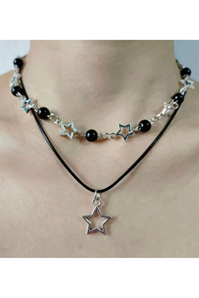 Pop Giyim Black Beaded String Starry Gothic Necklace