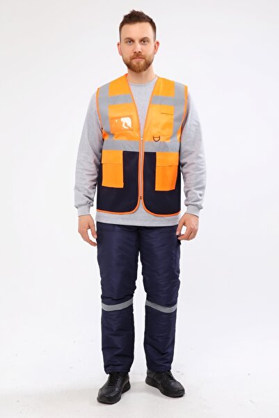 Çamdalı İş Elbiseleri Engineer Warning Vest Orange Navy Blue Color Combination with Zipper Pockets