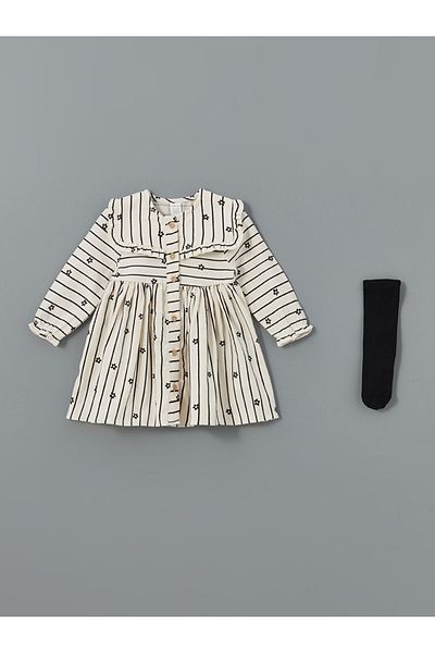 LC Waikiki Lcw Baby Cream Striped Baby Collar Long Sleeve Floral Baby Girl Dress and Pantyhose 2-Piece Set