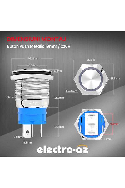 CLASSLIGHTS Buton metalic, 220V, 19mm, cu reținere, LED verde, ElectroAZ