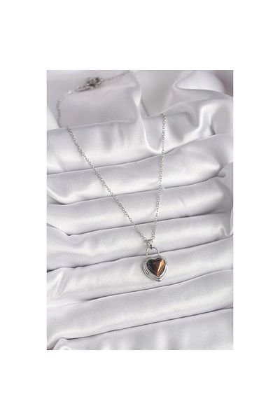 Marsilyan 316L Steel Silver Color Chain Lock Heart Amber Bead Model Women's Necklace - Tj-Bko9495