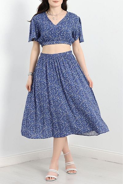 sharin Women's Summer V Neck Crop Double Skirt Blouse Floral Print Suit 3C-2322