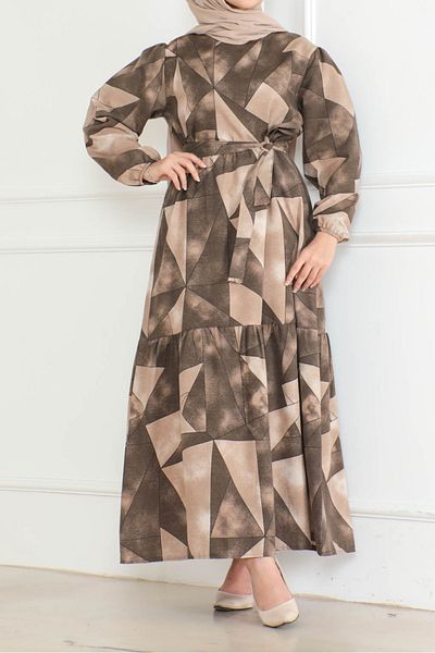TOFİSA Patterned Sleeve Gathered Dress Brown - 26620