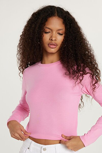 Tudors Kadın Slim Fit Dar Kesim Bisiklet Yaka Pembe Bluz