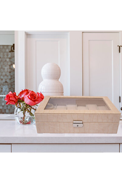 PUFO Elegant storage box with compartments for 12 watches, crocodile print, cream