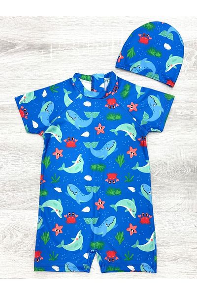 MODANINO Boy's Swimming Cap Set (Jumpsuit Swimsuit + Swimming Cap) 2-8 Years 12219