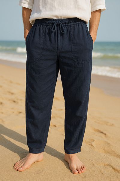 freemen Men's Navy Blue Linen Loose Cut Trousers - Wide Size Range-