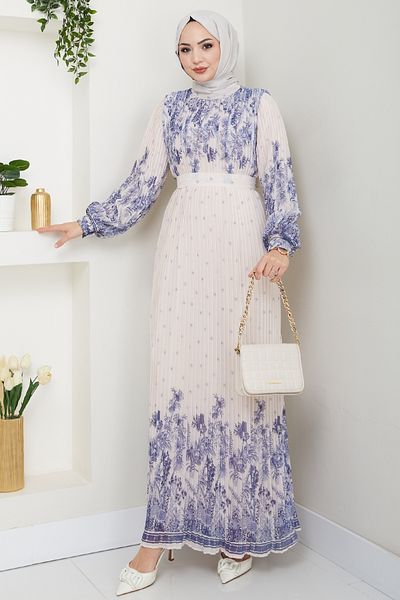 InStyle Φόρεμα σιφόν με μοτίβο μανίκια πλισέ μπλε ναυτικό