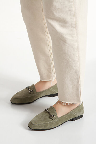 ÜNAL ÖZER Γυναικεία πράσινη σουέτ γνήσιο δέρμα με στρογγυλή αγκράφα καθημερινή μπαλαρίνα Un001-043