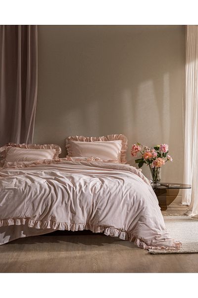 Madame Coco Obernai Double 100% Cotton Frilly Plain Washed Duvet Cover Set - Powder