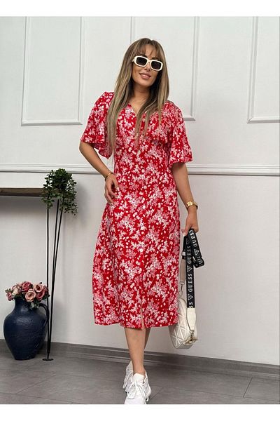 sharin Women's V Neck Button Summer Woven Midi Dress 4C-2325