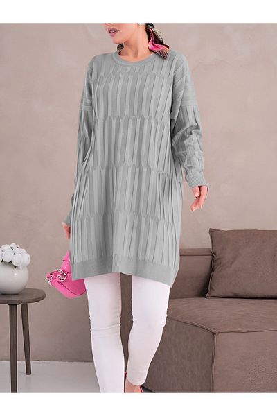 Modamorfo Στρογγυλή λαιμόκοψη Χοντρό ριγέ Casual Πλεκτό Μπλουζάκι - Γκρι