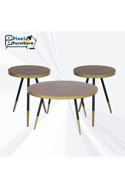 PixelsFurniture Pixel Furniture 3 Piece Round Coffee Table and 2 Side Table Set with Wood Top and Metal Ends