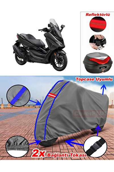 CoverPlus Mavi Dikişli Gri Honda NSS250 (Forza 250) Branda Topcase Arka Çanta Uyumlu Motor Brandası