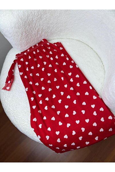 Bahar Altundemir Kırmızı Kalpli Süet Premium Kalite Kırmızı Pijama Altı Kadın Pijama Uzun