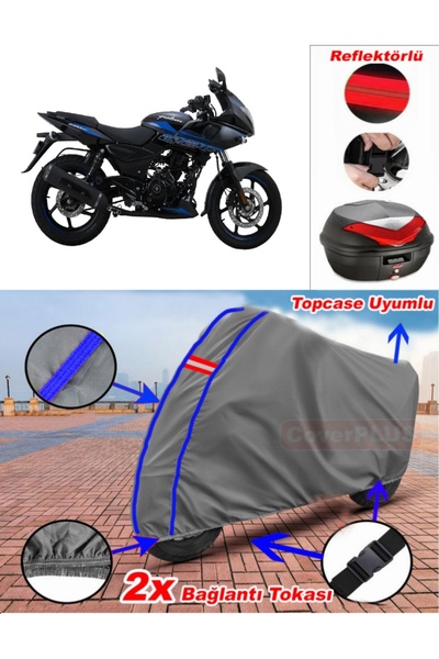 CoverPlus أزرق مخيط رمادي Bajaj Pulsar 220 قماش القنب Topcase الخلفي حقيبة مت...