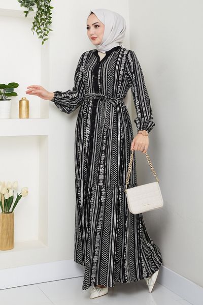 InStyle Μαύρο φόρεμα βισκόζης με πολύχρωμο σχέδιο με πατιλέτα