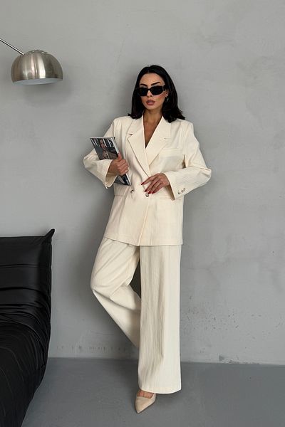 Ortaya Çık Μπεζ Oversize Blazer Jacket Palazzo Παντελόνι Λινό Σετ
