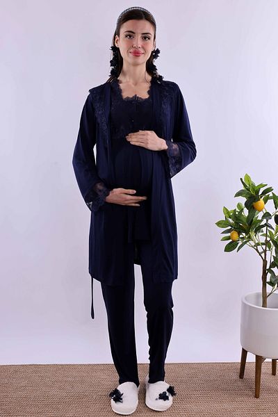 ByLohusa Effortt Navy Blue Dressing Gown Maternity Maternity Pajama Set Byl 224012
