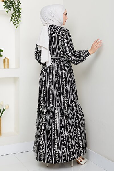 InStyle Renkli Patlı Desenli Siyah Viskon Elbise