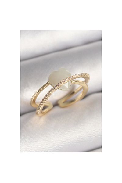 Marsilyan Brass Gold Color White Crystal Heart Model Zircon Stone Detail Women's Ring - Tj-Byk3644