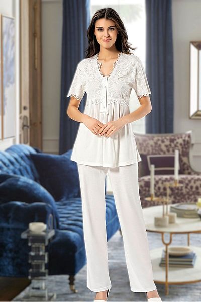 Pelin Women's Ecru Lace Detailed Maternity 3-Piece Pajama Set