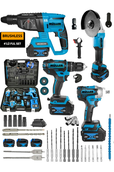 Pro Müller Alman 4'lü İnşaat Seti 3 Akülü Kırıcı Delici Hilti Avuç Taşlama So...