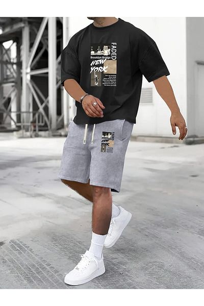 ACTIVE MODA - Men's New York Printed Tshirt -Shorts Set 2Pcs Large Size Cotton