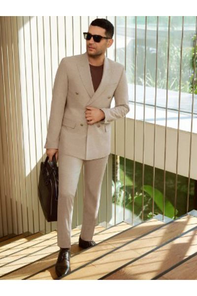 SÜVARİ Süvari Slim Fit Beige Striped Double Breasted Suit