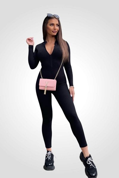 BOMBFIT NOVA BLACK Shapewear Jumpsuit, with front zipper, Ribbed look